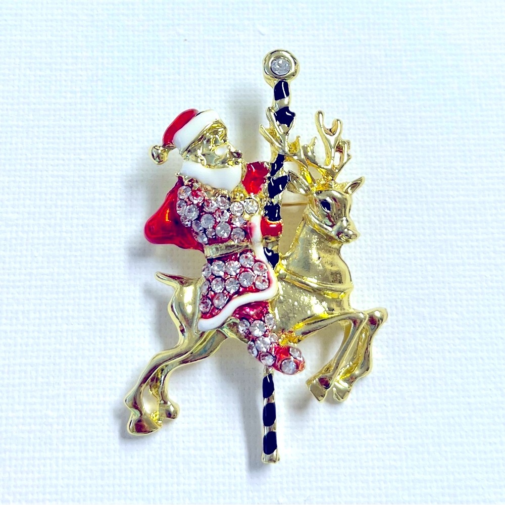 Brooch, Santa on Reindeer, red & gold enamel paint, NIP, 2.25 x 1.25,